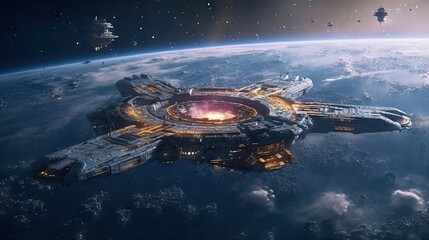 a massive spaceship on the galaxy. cinematic movie. cinematic still, intense space battle between tw
