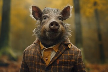 wild boar in suit on bokeh forest background