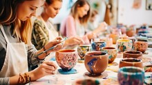 Group Of People Painting Clay. Hobbie Activity Indoors, Painting Watercolor. Close Up Hands During A Class. Adult People Learning Skills