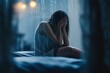 Blurred depressed woman sitting on bed and holding head in hands, mental health concept, rainy day, look for help.