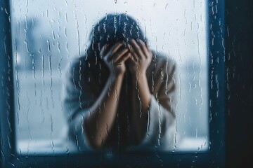 Blurred depressed woman sitting on bed and holding head in hands, mental health concept, rainy day, look for help.