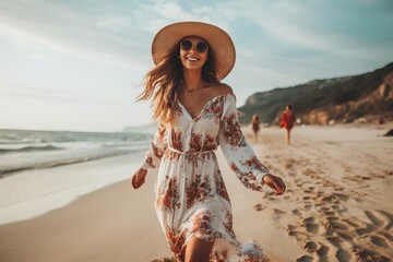 happy influencer woman walking on the beach during a sunset