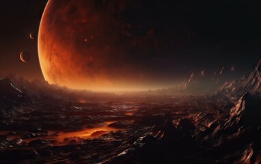 Exoplanet cinematic Exploration - Fantasy Landscape. Exoplanets in colorful space with constellations and stardust.