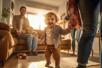 Baby taking first steps with father's help at home, Parents At Home Encouraging Baby Daughter To Take First Steps