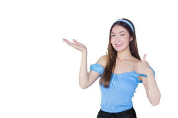 Young beautiful Asian woman in a blue shirt is acting thumb up as a good symbol and another hand shows as presenting something on white the background.