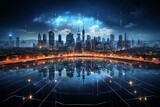 Fototapeta Nowy Jork - A mesmerizing city skyline illuminated at night with futuristic digital overlays symbolizing the integration of smart city technology
