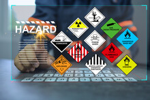 Security Officers With Virtual Screen And Inspect The Storage Of Dangerous Goods Hazardous Substance In The Warehouse Operator To Safety Such As Explosions, Radioactive, Toxic Gases