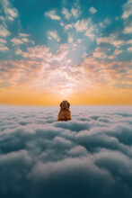 Illustration Of A Golden Retriever Pet Animal In A Natural Landscape Setting Surrounded By Clouds And Greenery Representing Pet Loss And Grief - Generative Ai Art