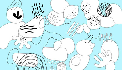 Aufkleber - Geometric doodle shapes. Abstract background. Scribble style drawing elements isolated on blue, contemporary modern paint shapes, poster or web horizontal banner. Creative vector illustration