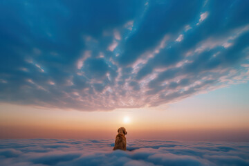 illustration of a golden retriever pet animal in a natural landscape setting surrounded by clouds and greenery representing pet loss and grief - generative ai art