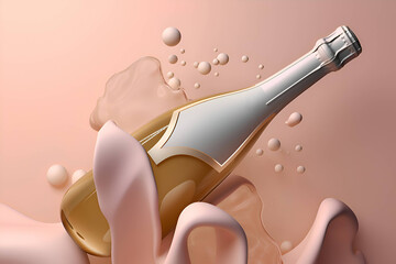 A bottle of champagne on a pink background, Generative AI 2