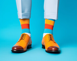 A pair of feet in funny colorful socks. Isolated on blue background