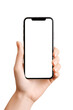 © TimeaPeter - Hand holding a smartphone. Transparent mobile screen mockup. No background.