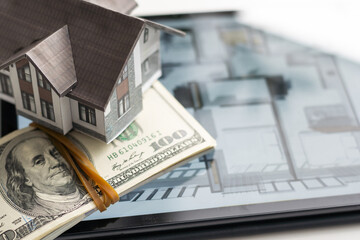 Poster - Small house model is on screen tablet and icons home electronics devices connecting with wireless. Smart home controlled and Automation system technology of things.