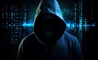 Wall Mural - Unrecognizable hacker cyber criminal in hood with dark matrix digital background. Security system cyber attack. Generative AI.