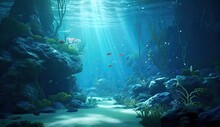 Underwater Paradise, Where The Golden Rays Of The Sun Pierce Through The Depths, Casting An Ethereal Glow On The Ocean Floor