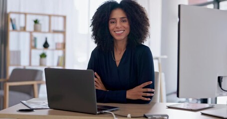 Leinwandbilder - Technology, businesswoman typing on laptop and happy at her desk in a modern workplace office, Portrait or social networking, online communication and finance consultant writing an email with a smile