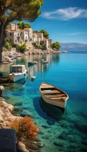  Beach Scene In The Ocean, In The Style Of Split Toning, Charming, Idyllic Rural Scenes, Traditional Craftsmanship, Captivating Harbor Views, Azure, Clear Colors, Calm Waters