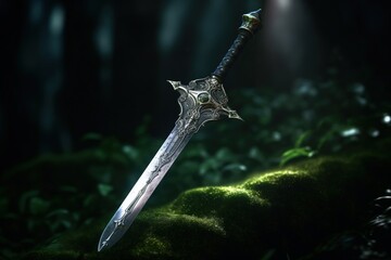 Wall Mural - Fantasy Medieval sword isolated on black background.Generative Ai