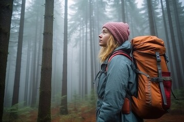 Wall Mural - Young woman walking in the wood (Ai generated)