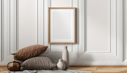 Wall Mural - Single Blank frame mockup in brightly lit interior room hanging on the wall, Generative AI