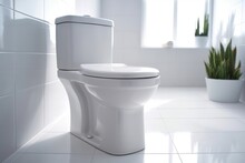 New Ceramic Toilet Bowl Near Light Wall, AI Generated