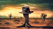 A Cowboy Hat On Wooden Stump In The Desert