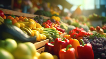 Farmer's Market Counter: A Variety Of Bright, Fresh, Healthy Vegetables In The Grocery Store. The Concept Of Healthy Natural Nutrition. Generative AI.