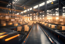 Rapid Movement Of Logistics Warehouse Packaging Boxes On Conveyor Belts. AI Technology Generated Image
