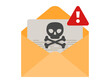 Virus, malware, email fraud, e-mail spam. Email envelope with document and skull and bones and red sign. Concept of virus, piracy, hacking and security. Virus, malware, email fraud, e-mail spam