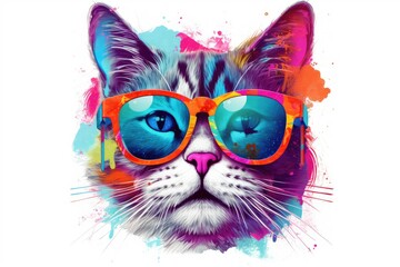  cat in funky glasses, white background, vibrant colors. generative ai