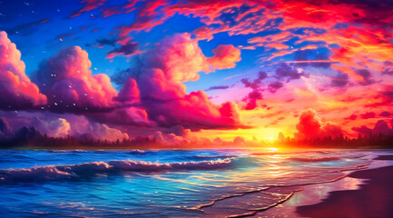 an ocean sunrise with colorful clouds over a beach