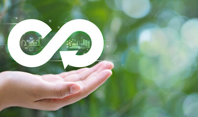 Human Hand Showing Arrow Infinity Symbol The circular economy is infinite and unlimited for future business growth and design for reuse and environmental sustainability.