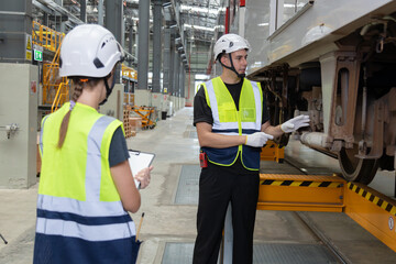 Wall Mural - Portrait of Engineer train Inspect the Railway Electrification System track in depot of train