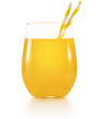 Glass of orange or pineapple juice with paper drinking straws isolated on white background. Real studio shot of refreshing and healthy non-alcoholic drink.