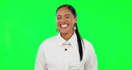 Sticker - Happy, funny and business woman on green screen and laughing for joke, comic and silly. Creative, entrepreneur and face with portrait of person on studio background for meme, goofy and comedy