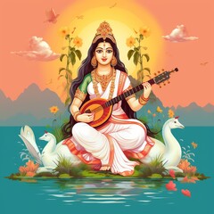 Wall Mural - Saraswati devi Goddess, Happy Vasant Panchami Indian festival, Goddess Maa Saraswati. Ai Generated.