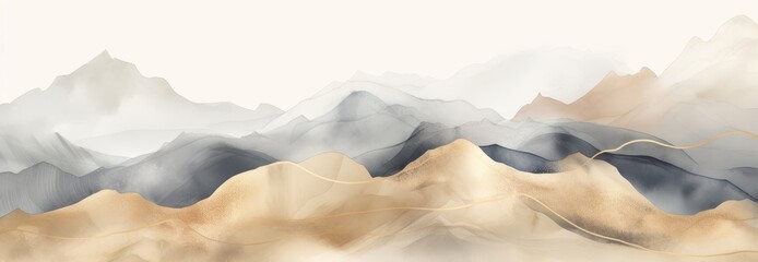 Wall Mural - Soft pastel color watercolor abstract brush painting art of beautiful mountains, mountain peak minimalism landscape with golden lines, panorama banner illustration, white background (Generative Ai)