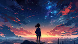 Fototapeta Natura - a majestic magical sunset artwork with an anime manga girl, ai generated image