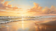 breathtaking view of a tranquil beach at sunset, with gentle waves rolling onto the shore
