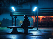 A Person Sitting On A Bench At A Train Station At Night