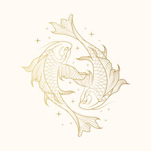 Celestial Koi Fish, Symbol Of Harmony And Balance. Golden Japanese Art For T-shirt, Print And Stickers. Hand Drawn Vector Illustration Isolated On White Background.