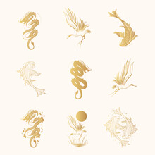Koi Fish, Dragon And Crane Japanese Art Collection. Golden Set Of 9 Design Elements For T-shirt, Print And Stickers. Hand Drawn Vector Illustration Isolated On White Background.