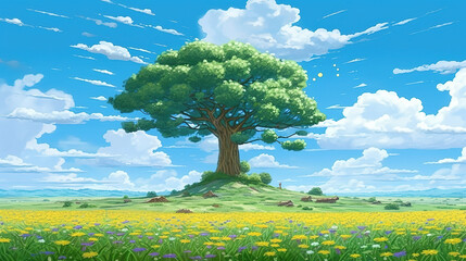 Wall Mural - a giant wise big tree in a wide field, anime freedom artwork, ai generated image