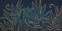Vector Golden Leaves Art Deco Wallpaper Background, Hand Drawn Pattern. Line Design For Interior Design, Textile, Texture, Poster, Package, Wrappers, Gifts. Luxury. Japanese Style.
