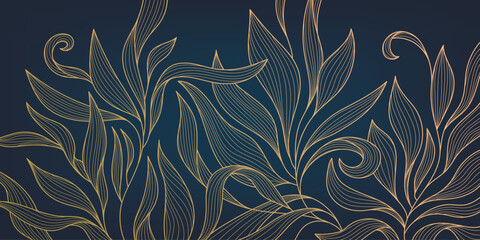 vector golden leaves art deco wallpaper background, hand drawn pattern. line design for interior des