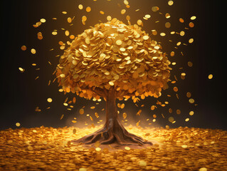 Money tree gold coin tree has coins fall on ground	