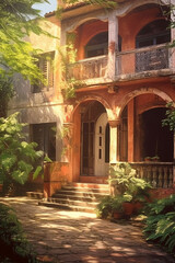  a colonial architecture, basked in the morning light, with ornate wooden window frames and built of old stones, AI generative