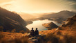 two people on a hill overlooking a lake and mountains