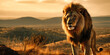a king lion standing on top of a hill looking over the savanna
